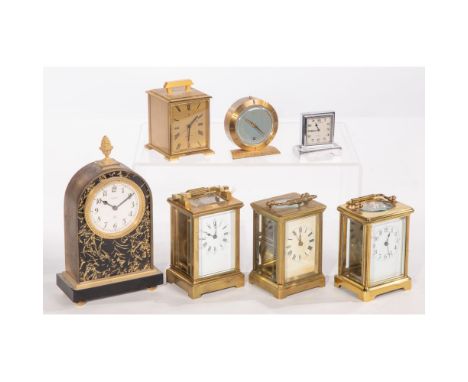 Carriage and Mantel Clock Assortment  (7) items including a JLC Electro Mecanic, (5) brass and glass with some having cornich