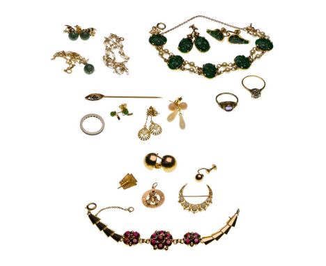 14k Gold Jewelry Assortment  (19) items including a necklace, a necklace having jade and pearl pendant, a matching pair of pi