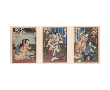 Utagawa Kunisada (Toyokuni III) (Japanese, 1786-1864) Kabuki Triptych Woodblock Prints  Published 1849-53 by Yebi-ya Rinnosuk