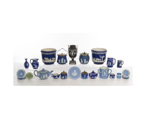 Wedgwood Jasperware Assortment  (26) items including a brown lidded, 2-handled urn, light blue items including a 6.5-inch pla