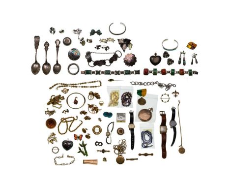 Sterling Silver and Costume Jewelry Assortment  Including souvenir spoons, pins, necklaces, rings and bracelets, some having 