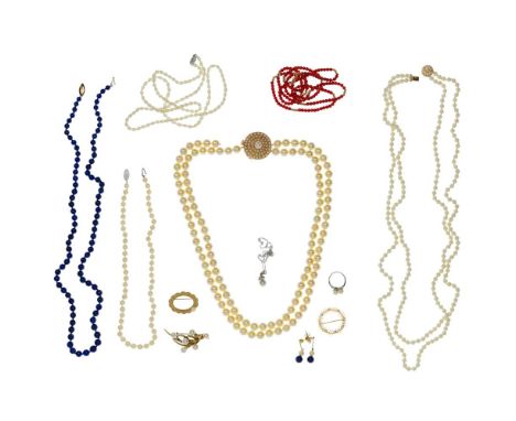 14k Gold and Pearl Jewelry Assortment  (12) items including a 6mm double pearl and diamond ring, a 10mm double strand pearl n