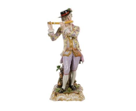 Meissen Porcelain Figurine  19th century, depicting a man playing the flute, crossed sword mark and inscribed numbers to the 