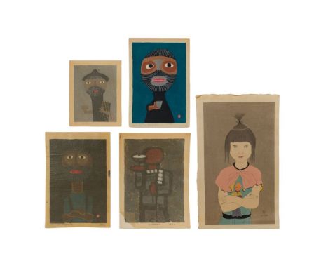 Umetaro Azechi (Japanese, 1902-1999) Woodblock Print Assortment  (5) items including (3) undated Umetaro woodblocks, signed a
