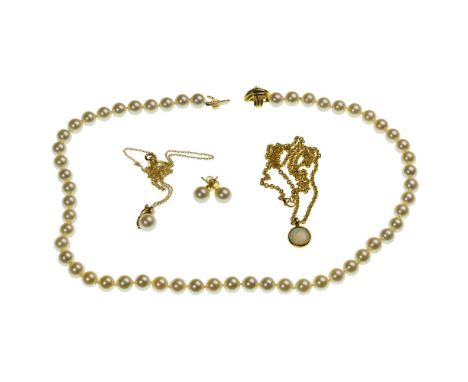 Tiffany &amp; Co 18k Yellow Gold Jewelry Assortment  (4) items including a single strand 7mm pearl necklace having an X closu