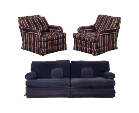 Baker Upholstered Furniture Assortment  (2) items including a blue sofa and a pair of striped club chairs, all retaining Bake