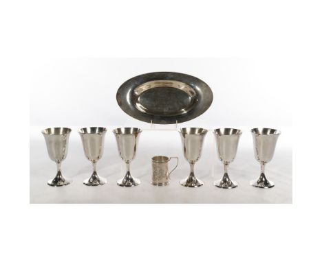 Steiff Sterling Silver Assortment  (3) items including a set of six goblets, an oval tray and a child-size mug (all marked '9