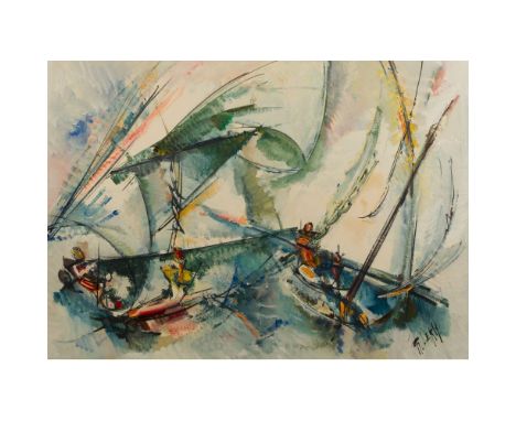 Roger Lersy (French, 1920-2004) Oil on Canvas  Undated, signed lower right, depicting abstract wind sailors, in a silver-tone