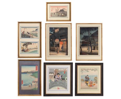 Japanese Woodblock Print Assortment  (7) items including an oban size 'Seven Mile Beach in Sagami Province' and (3) chuban si