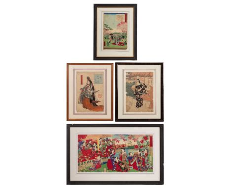 Japanese Woodblock Print Assortment  (4) items including 'Cherry Blossom Viewing in Asukayama' from 'Famous Views of Tokyo' b