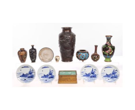 Asian Decorative Object Assortment  (13) items, mostly Japanese, including a copper alloy vase having cast phoenix and floral