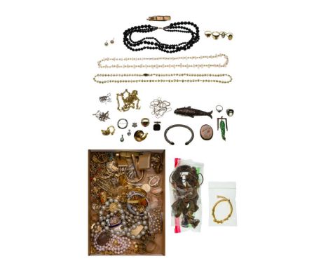 Gold, Sterling Silver and Costume Jewelry Assortment  Including a pair of 18k yellow gold earrings (unmarked), (3) beaded nec