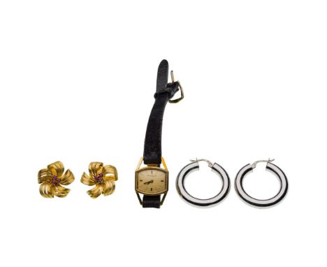 18k Gold Earrings and Wristwatch  (3) items including (2) pairs of pierced earrings and a gold cased watch (most marked '18k'