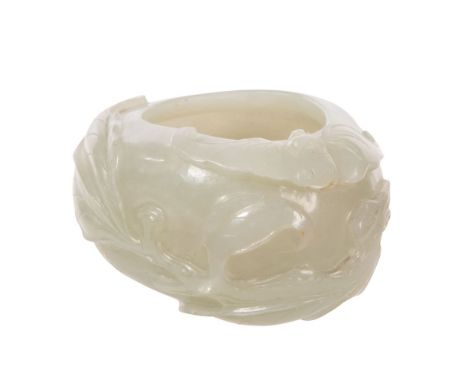 Chinese White Jade Pot  Having carved floral details and a bulbous form  Property from: a Private Collector, Illinois  Height