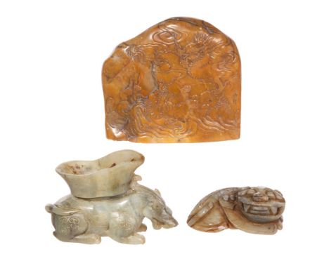 Asian Nephrite Jade Assortment  (2) carved items depicting animal figures and a relief  Property from: a Private Collector, I