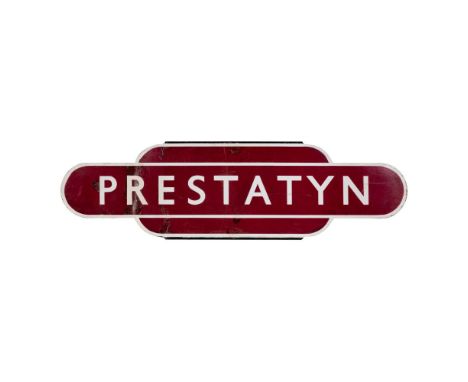Totem PRESTATYN RAILWAY Sign  British Railway enamel and steel in midland region colors, half flange  Property from: a Privat
