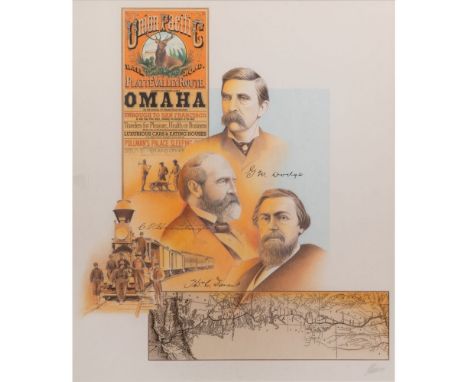 Union Pacific Platte Valley Route Print  1987, illegibly pencil signed in margin, depicting the men and trains from the famou