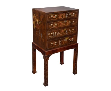 Aston Court by Henredon Chinoiserie Silver Chest  A 4-drawer chest having gilt and color lacquer pictorial decoration, brass 