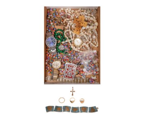 Gold, Sterling Silver Jewelry and Wristwatch Assortment  (7) items including (2) rings and a cross pendant (all marked '14k')