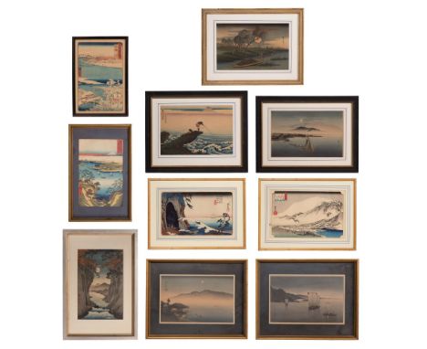 Japanese Woodblock Print Assortment  (10) items, (7) by Utagawa (Ando) Hiroshige (1797-1858) including 'Crescent Moon Behind 
