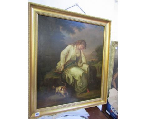 PERIOD PORTRAIT, a Georgian design oil on canvas "Portrait Of Young Lady Resting in landscape with spaniel", 29"  x 25"