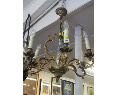 LIGHTING, gilt 6 branch scroll support electrolier 