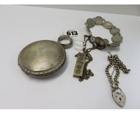 SILVER, total weight 85 grams, inc ingot, compact, coin bracelet, etc