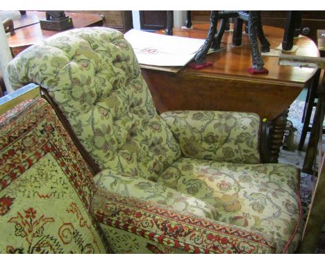VICTORIAN BUTTON BACK ARM CHAIR, scroll arm support with serpentine fronted seat & scroll back upholstery 