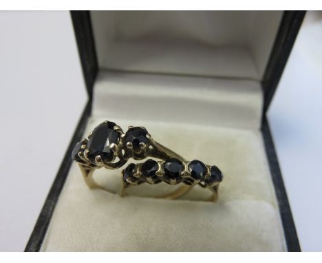 2 x 9CT GOLD SAPPHIRE RINGS, a 3 stone and a 5 stone both with good colour sapphires, 3.6 grams size K & O