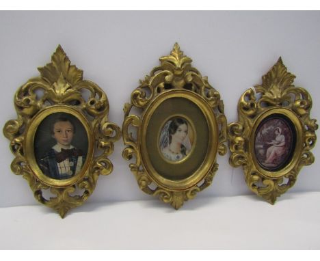 MINIATURE GILT FRAMES, pair of gilt foliate surround portrait frames and 1 similar, 2 enclosing original portraits