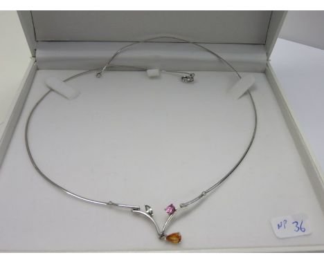 9ct WHITE GOLD STONE SET NECKLACE, fire opal, amethyst and aqua marine