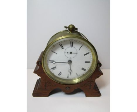 VICTORIAN BEDROOM CLOCK, 19th Century brass drum case bedroom clock on carved walnut stand, 4.5" dia