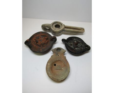 ROMAN LAMPS, pottery Roman lamp together with 3 other early design lamps