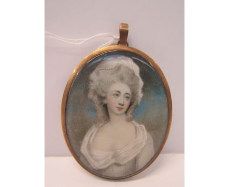 GEORGIAN MINIATURE PORTRAIT, oval pendant portrait on ivory, Young Lady with pearls