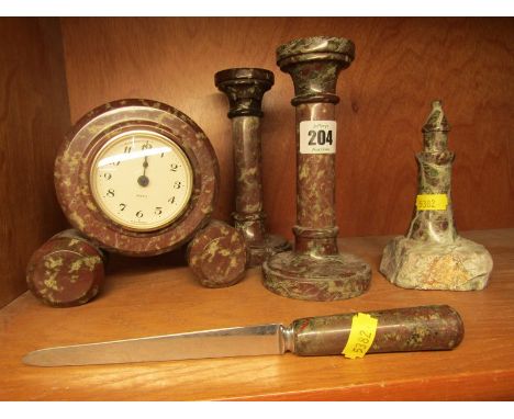 SERPENTINE, pair of serpentine circular base candlesticks, bedroom clock, paper knife and granite lighthouse 