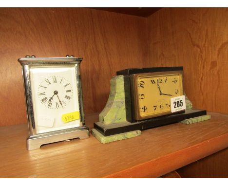 ART DECO, green and black marble mantel clock by Goldsmith & Silversmith Company also chromed bevelled glass carriage clock 