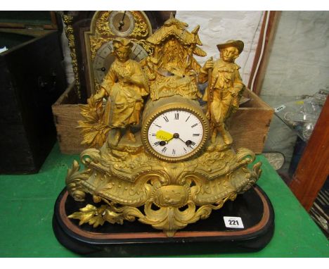 19TH CENTURY FRENCH MANTEL CLOCK, gilded metal huntsman and companion crested mantel clock on stand 