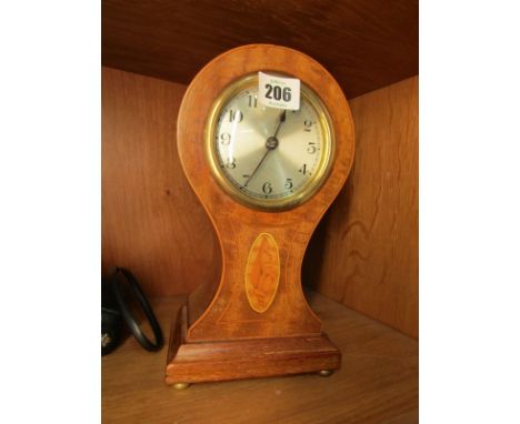 MARQUETRY BALLOON CLOCK, shell inlaid mahogany balloon clock 10" high 