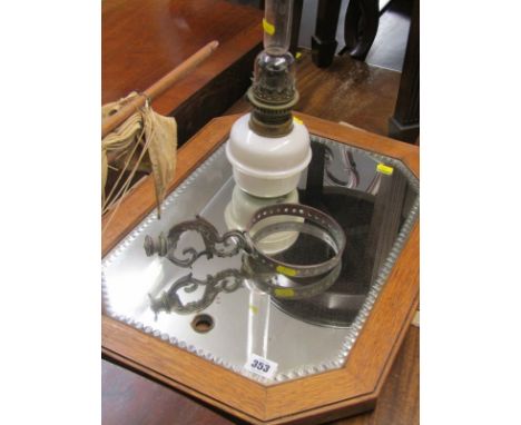 GIRANDOLE, oak mirrored backed oil lamp bracket, with matching oil lamp