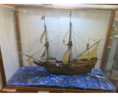 MARITIME, impressive cabinet cased scale model of Elizabethan galleon, 31" high x 43" width 