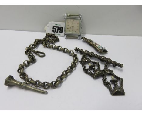 COSTUME JEWELLERY, mixed lot of brooches and chain with gent's Savilon wrist watch, manual wind, in good order