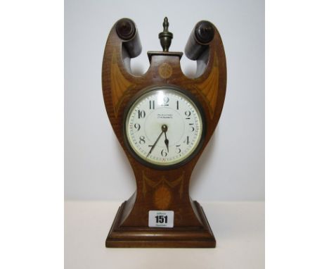 EDWARDIAN MANTEL CLOCK, an attractive marquetry mahogany mantel clock by Frank Caney 10" high 
