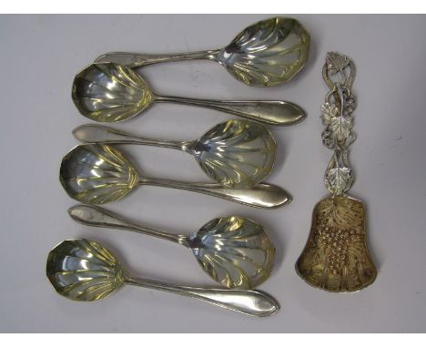 SILVER CUTLERY, set of 6 HM silver shell bowl, fruit spoons, also vine design HM silver caddy spoon