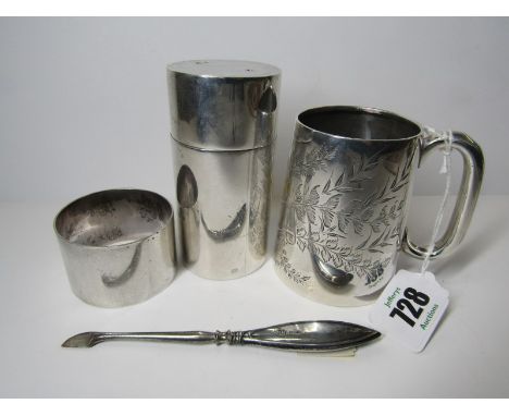 SILVER FOLIATE ENGRAVED MUG  with inscription, Birmingham 1910, Silver lidded pot, London 1977, silver napkin ring, sheffield