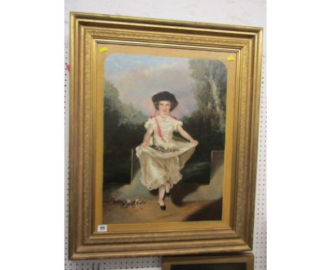19TH CENTURY PORTRAIT, oil on canvas "Portrait Of A Flower Girl Within Garden Setting" 23" x 16.5"