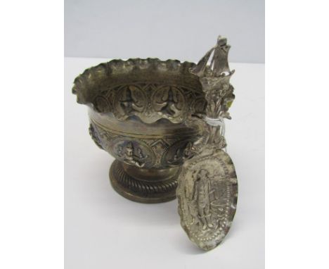 EASTERN SILVER, crinoline edge pedestal sugar bowl together with Continental silver caddy spoon decorated with embossed fishe