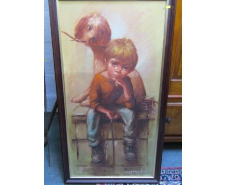 LEIGHTON-JONES, signed painting on canvas "Portrait Of Seated Boy & Mongrel", 40" x 19"
