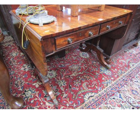 ROSEWOOD SOFA TABLE, a cross banded rosewood sofa table on foliate carved splayed legs & brass casters, 34.5" Width