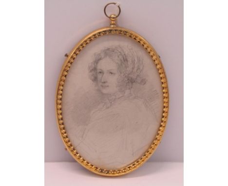 19TH CENTURY MINIATURE PORTRAIT, oval pencil study "Portrait of a Lady"