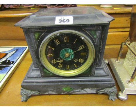 VICTORIAN BLACK MARBLE MANTLE CLOCK, by John Walker, The Strand, London, with malachite inlay 